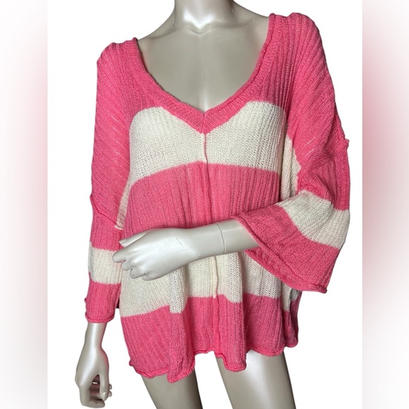 NEW POL brand Pink Ivory Stripe V Neck Long Bell sleeve knit Top - Picture 7 of 7
